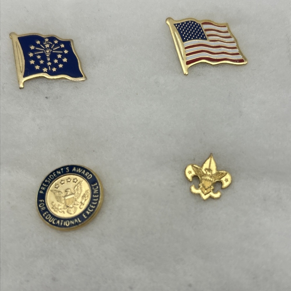 Lapel Pin Lot 4pc BSA Fleur-de-Lis + USA Flag + Indiana Flag + President's Award